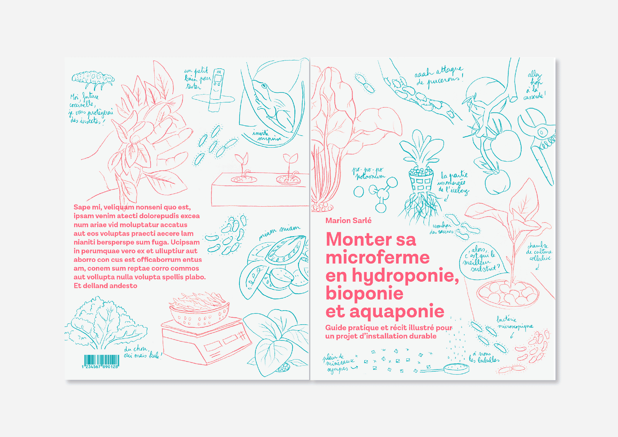 Les-sourciers-maquette-livre "Monter sa microferme en hydroponie, bioponie et aquaponie. Guide pratique et récit illustré pour un projet d'installation durable." par Marion Sarlé, édition Les Sourciers.